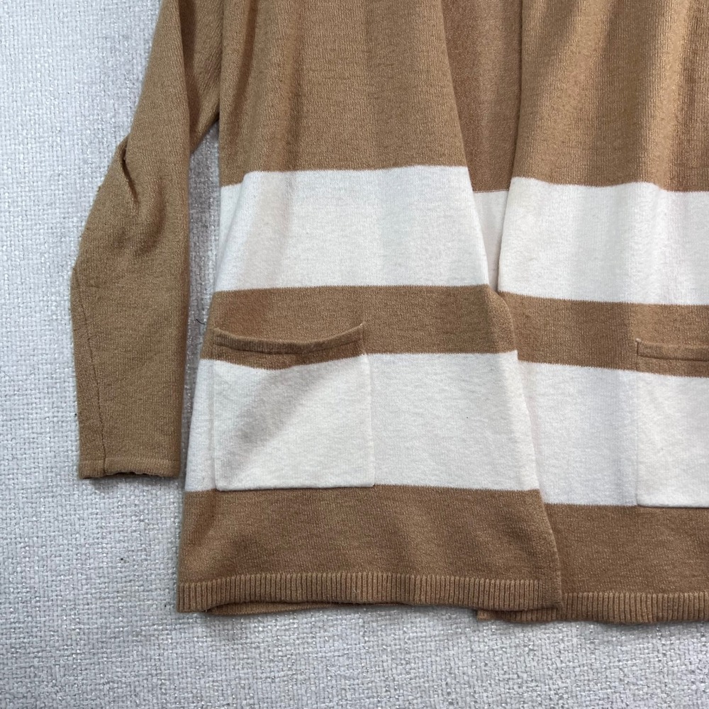 LOFT Womens Striped Open Front Cardigan Sweater Brown White Pocket Wool Blend XS - Picture 4 of 10